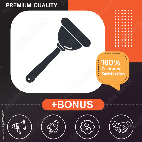 plumber, plunger, household, pump icon. With orange and black background