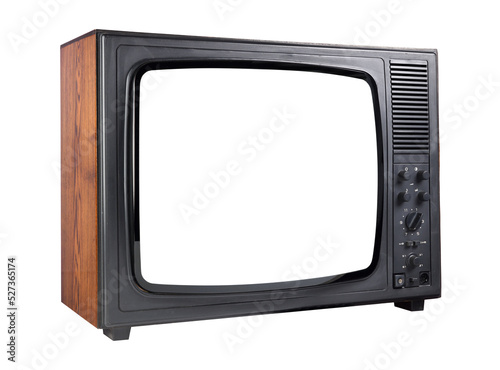 Old TV with white screen isolated on white background. Vintage TVs 1960s 1970s 1980s 1990s 2000s.