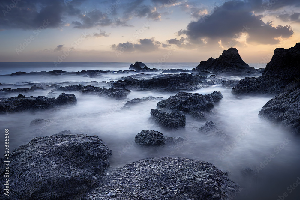 Fototapeta premium beautiful ocean beach with rocks, long exposure waves, sunset coast background, 3d render, 3d illustration