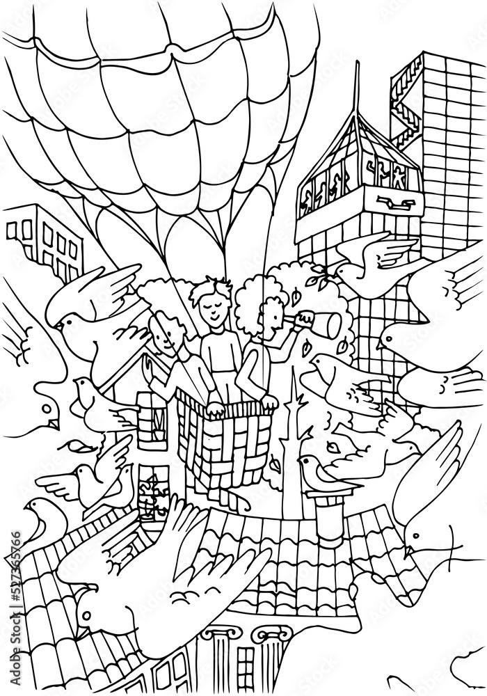 Coloring page for kids. People fly Air balloon in the city above the buildings. Doves are flying. Hand drawn vector. Coloring book. Worksheet.
