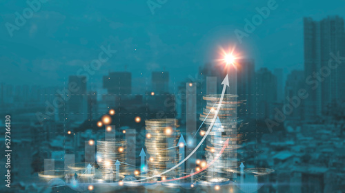 Double exposure Close up of rows of coins for finance and banking concept Coin finance investment diagram Savings for a growing business city background with coins is popular.