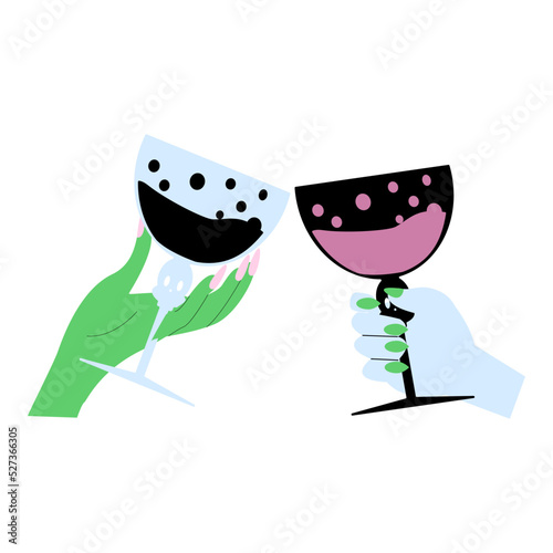Two scary hands holding glasses with a magical drink. Vector halloween illustration.