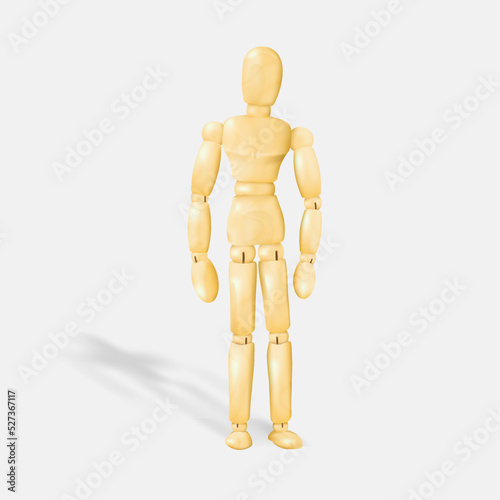 Wooden Man 3D Standing with His Hands Apart Front View Isolated on White Background