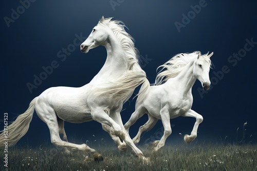 White horses, field, running horses, 3d render, Raster illustration.