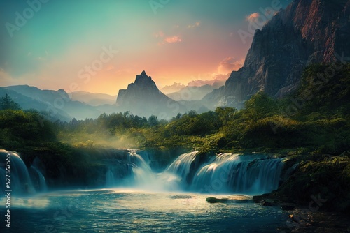 waterfall, beautiful scenery, 3d render, Raster illustration. © Яна Деменишина