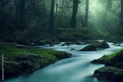 river flowing through the forest  calm moody nature background  long exposure  peaceful green environment  3d render  3d illustration