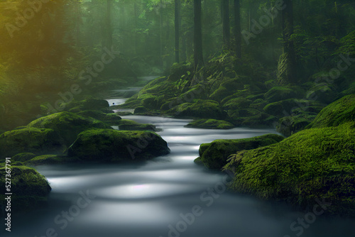 river flowing through the forest, calm moody nature background, long exposure, peaceful green environment, 3d render, 3d illustration