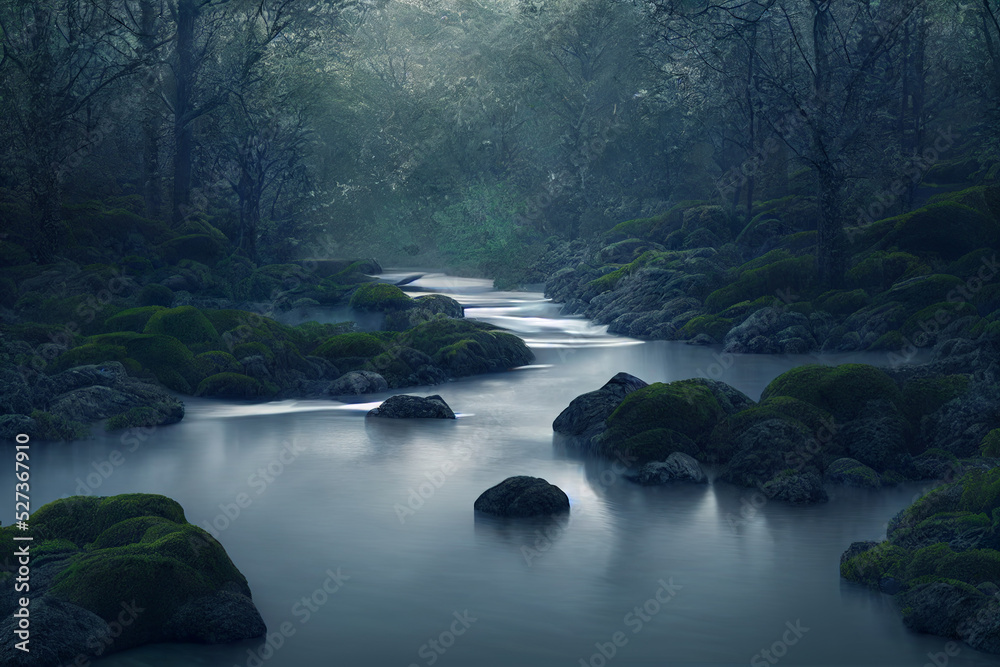 river flowing through the forest, calm moody nature background, long exposure, peaceful green environment, 3d render, 3d illustration