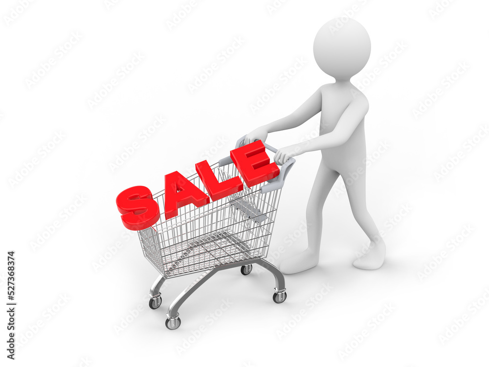 3D illustration of a cartoon man pushing a shopping cart with a Sale text on it 3D illustration of a cartoon man pushing a shopping cart with a Sale text on it