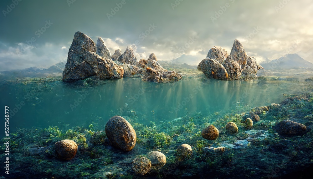 Raster illustration of stones sticking out of the sea. Coral, rocks ...