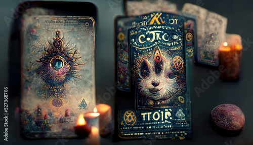 Raster illustration of magic ornament. Ancient runes, psychedelic picture, all seeing eye, Schrodingers cat, berserkers, magical realism, fortune teller. mystical concept. 3D artwork photo