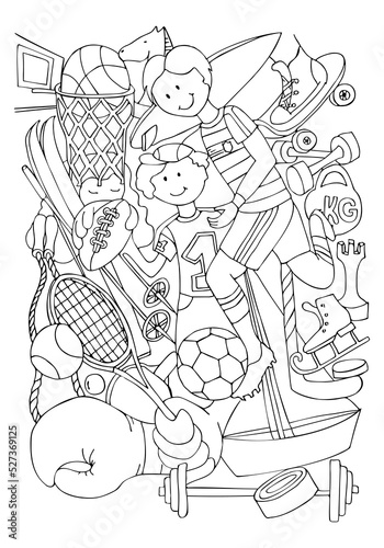 Coloring page. Different types of sports. Sport equipment. Education worksheet for kids. Hand drawn vector.