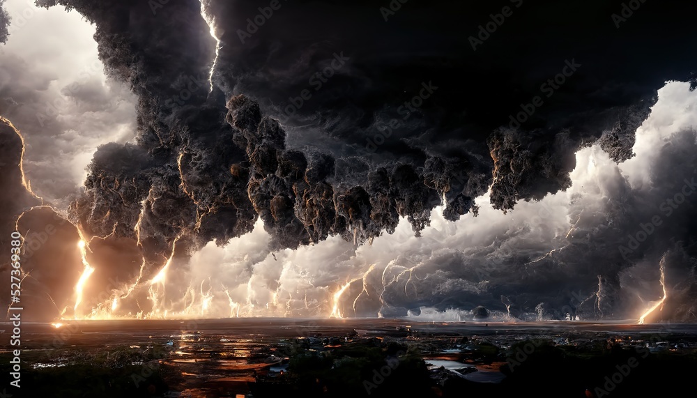 Raster illustration of black sky over a field. Hurricane, thunderstorm, storm, tornado, lightning, beauty and power of nature, columns of dust, downpour, weather, danger, climate. 3D artwork - obrazy, fototapety, plakaty 