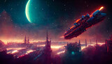 Spaceship on intergalactic station, war in space, fantasy space landscape. 3D illustration.
