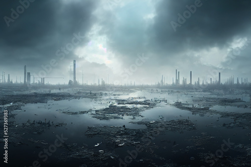 utopian climate change landscape, smoke, industrial background, power plant, 3d render, 3d illustration