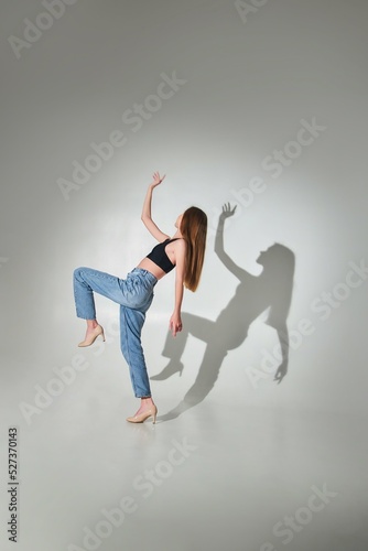 A beautiful young girl and a shadow. Model studio shooting. Conceptual photography.