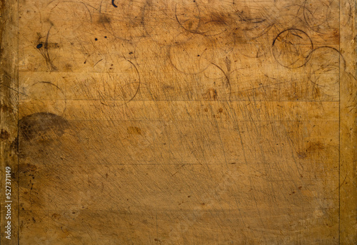 Wallpaper Mural Close-up of worn antique cutting board with knife cut marks and glass rings Torontodigital.ca