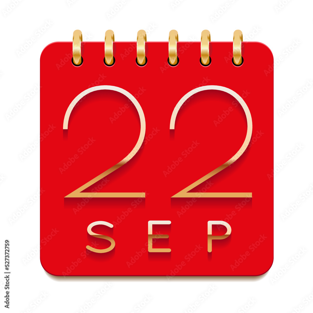 22 day of the month. September. Luxury calendar daily icon. Date day week Sunday, Monday, Tuesday, Wednesday, Thursday, Friday, Saturday. Gold text. Red paper. Vector illustration. 22 day of the month. September. Luxury calendar daily icon. Date day week Sunday, Monday, Tuesday, Wednesday, Thursday, Friday, Saturday. Gold text. Red paper. Vector illustration.