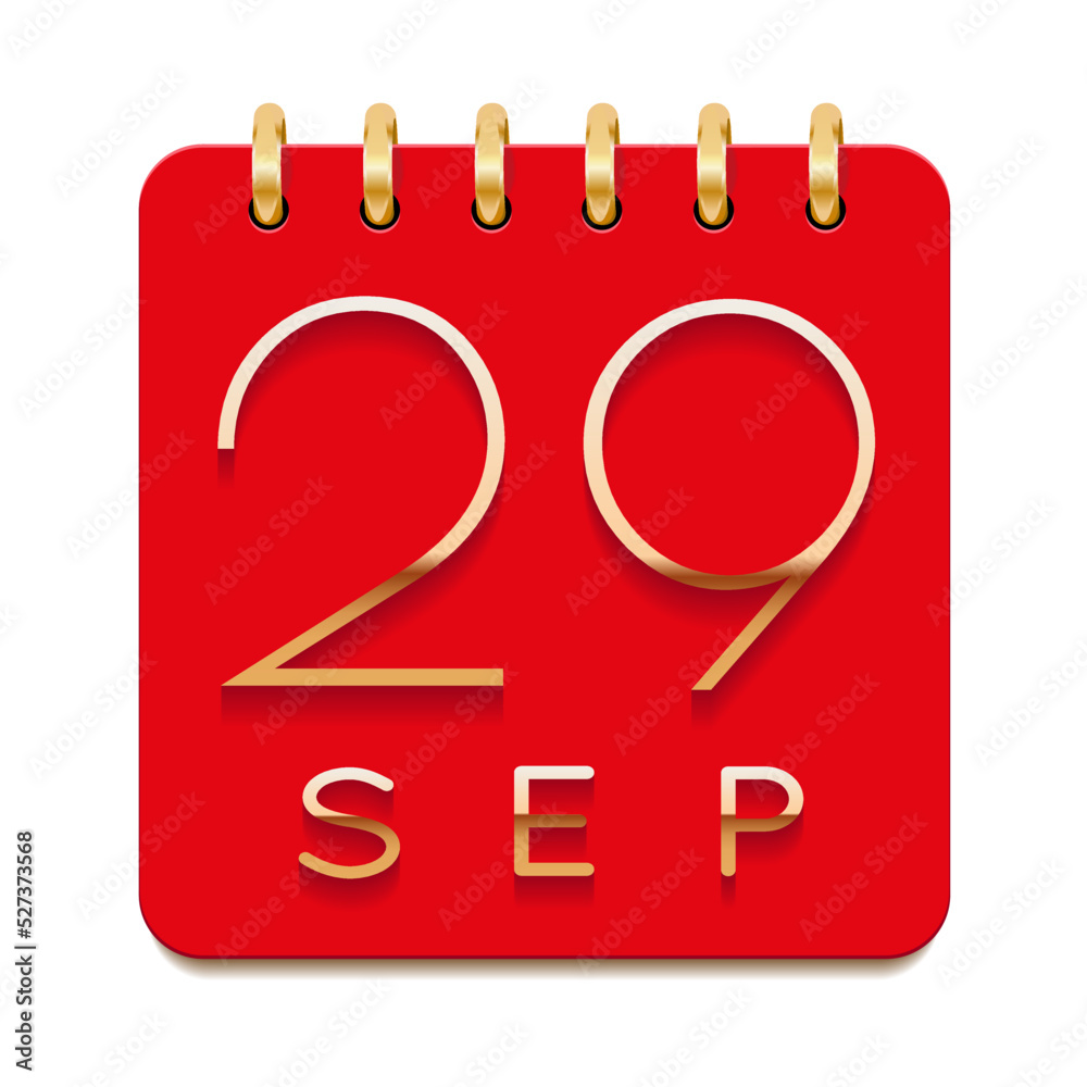 29 day of the month. September. Luxury calendar daily icon. Date day week Sunday, Monday, Tuesday, Wednesday, Thursday, Friday, Saturday. Gold text. Red paper. Vector illustration. 29 day of the month. September. Luxury calendar daily icon. Date day week Sunday, Monday, Tuesday, Wednesday, Thursday, Friday, Saturday. Gold text. Red paper. Vector illustration.