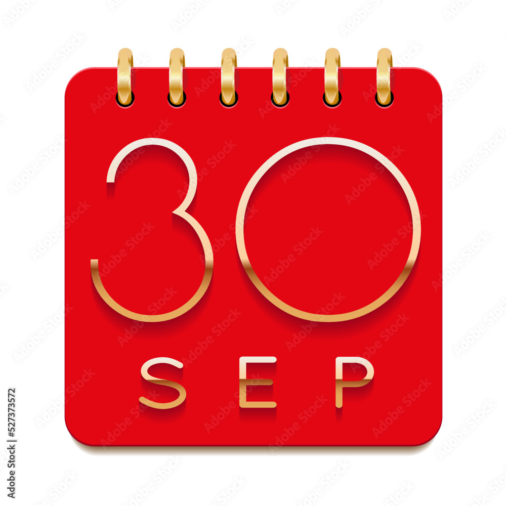 30 day of the month. September. Luxury calendar daily icon. Date day week Sunday, Monday, Tuesday, Wednesday, Thursday, Friday, Saturday. Gold text. Red paper. Vector illustration. 30 day of the month. September. Luxury calendar daily icon. Date day week Sunday, Monday, Tuesday, Wednesday, Thursday, Friday, Saturday. Gold text. Red paper. Vector illustration.