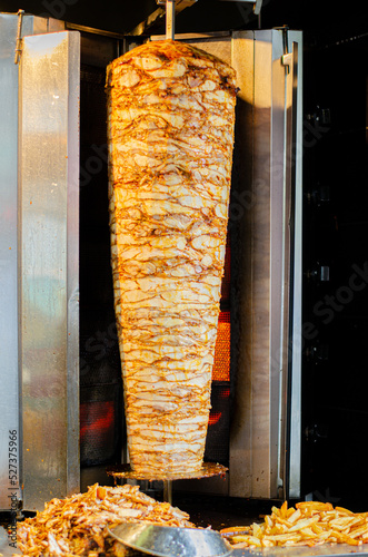 Meat on skewer for doner, traditional Turkish food
