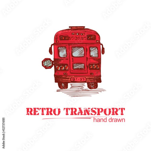 Hand drawn red retro bus isolated on white background. Vintage truck in sketch style. Art design for poster, flayer, banner. Illustration