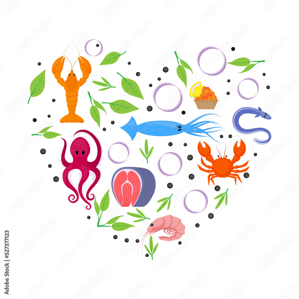 Love seafood concept with fish and sea animals in heart shape vector illustration