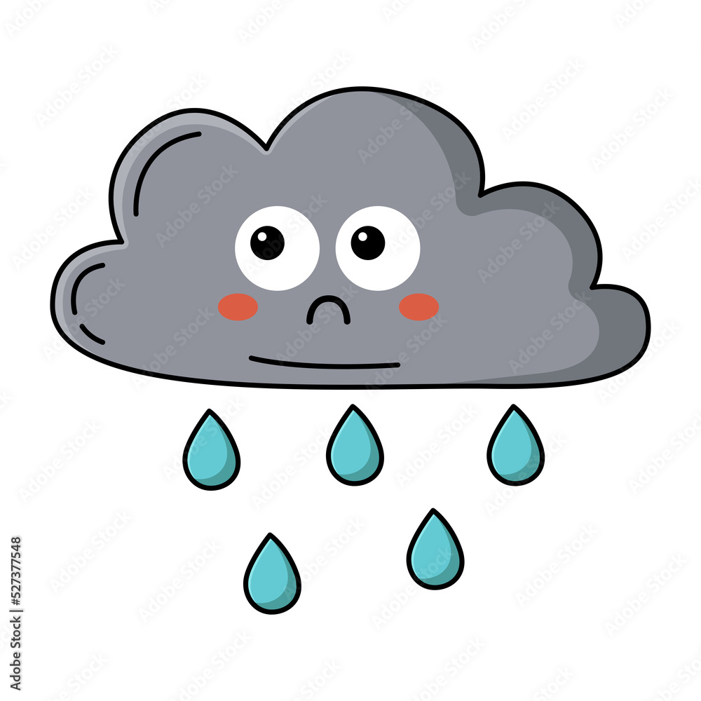 Cute cartoon kawaii crying cloud with rain drops icon.