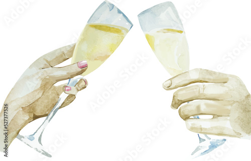 Two hands holding and toasting champagne. Watercolor illustration of a hand holding a glass of sparkling champagne to celebrate a wedding, anniversary, New Year, Valentine's day, party, event, menu. 