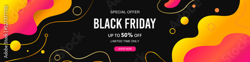 Black friday sale discount banner. Modern banner in abstract style with dynamic elements and geometric rounded shapes. Final sale. Advertising banner and poster template, vector illustration