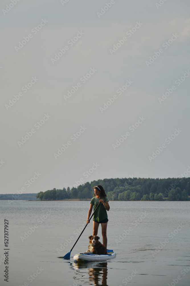Stand up paddle with pet. Concept of dog actively spending time with owner. Young happy Caucasian woman with dreadlocks stands on board in lake with Australian shepherd dog at sunset.