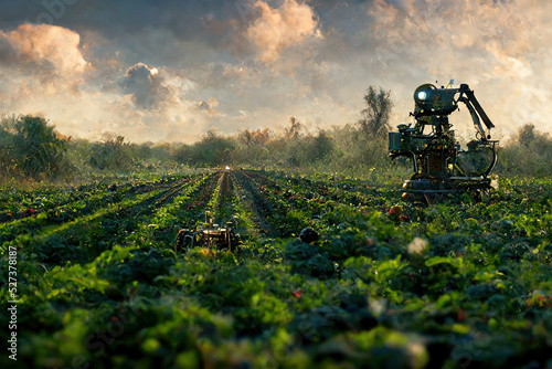 Smart robotic futuristic farmers working on field Agriculture technology, Farm automation