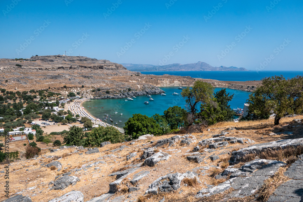 Beautiful view of Lindos beach in Rhodes island, Greece