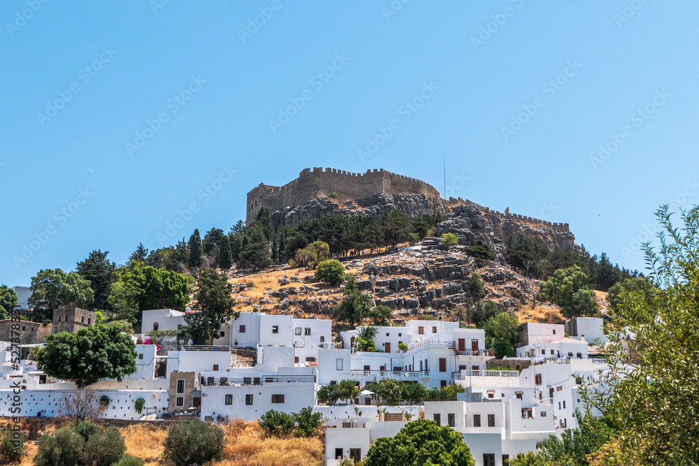 Historical and popular travel destination of Lindos Acropolis in Rhodes, Greece.