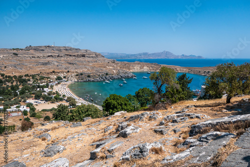 Beautiful view of Lindos beach in Rhodes island, Greece