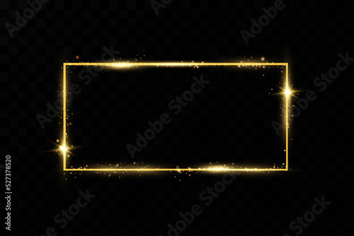 Gold frame with fiery sparks. Gold frame with light effects. Shining banner.