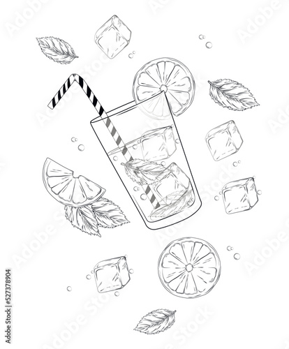 Mojito vector stock illustration. Fresh alcoholic cocktail. Soda, lime, ice cubes, mint leaves in a glass glass. Isolated on a white background.