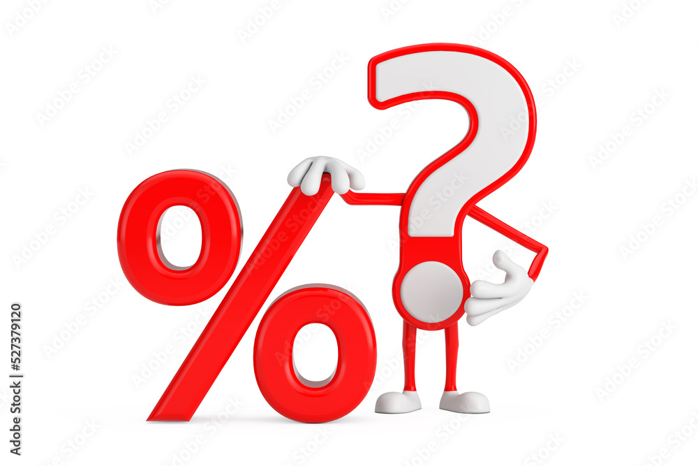 Question Mark Sign Cartoon Character Person Mascot with Red Retail Percent Sale or Discount Sign. 3d Rendering Question Mark Sign Cartoon Character Person Mascot with Red Retail Percent Sale or Discount Sign. 3d Rendering