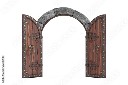 Fototapeta Naklejka Na Ścianę i Meble -  Medieval Arch Wooden Opened Castle Gate. 3d Rendering
