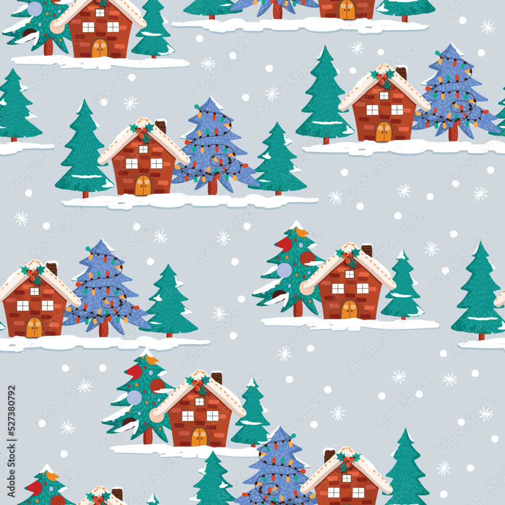 Winter Christmas and Happy New Year Small house in the snow Landscape ,seamless pattern with Christmas ornament