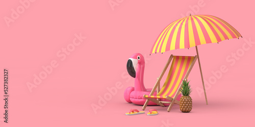 Fotobehang Cartoon Beach Chair, Swimming Pool Inflantable Rubber Pink Flamingo Toy, Beach Umbrella, Beach Flip Flops Sandals and Fresh Ripe Tropical Healthy Nutrition Pineapple Fruit