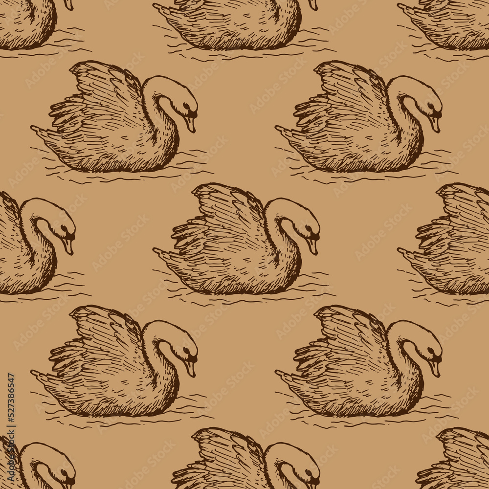 swans vector seamless pattern on sepia background