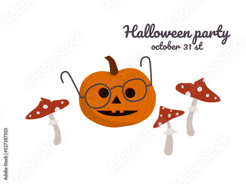 Carved pumpkin in glasses and fly agaric mushrooms. Halloween party invitation. Vector image isolated on white.