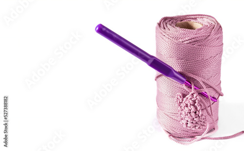 Hank of pink cord with purple hook and small crochet pattern