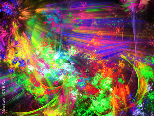 Creaci  n de arte fractal digital compuesto de rayos coloridos entre nubes difumonadas en un todo que tiene aspecto de ser la salida del sol en un planeta extra  o.