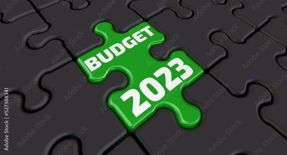 The budget of 2023. The inscription on the green element of the puzzle. Folded black puzzles elements and one green with white text BUDGET 2023. 3D illustration The budget of 2023. The inscription on the green element of the puzzle. Folded black puzzles elements and one green with white text BUDGET 2023. 3D illustration