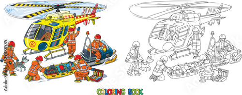 Rescue helicopter near the rescuers. Coloring book