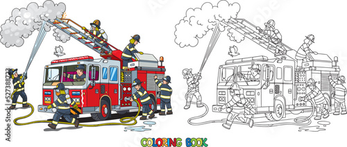Valokuva Firefighters near a fire truck. Coloring book
