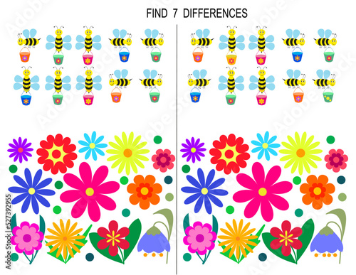 Game for kids to find differences with bees, buckets and flowers. For the development of attention in a child.