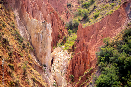 Natural unusual landscape red canyon of extraordinary beauty is similar to the Martian landscape. Multi-colored canyon fairy tale in Kyrgyzstan. Charyn Canyon. Amazing beautiful landscape.